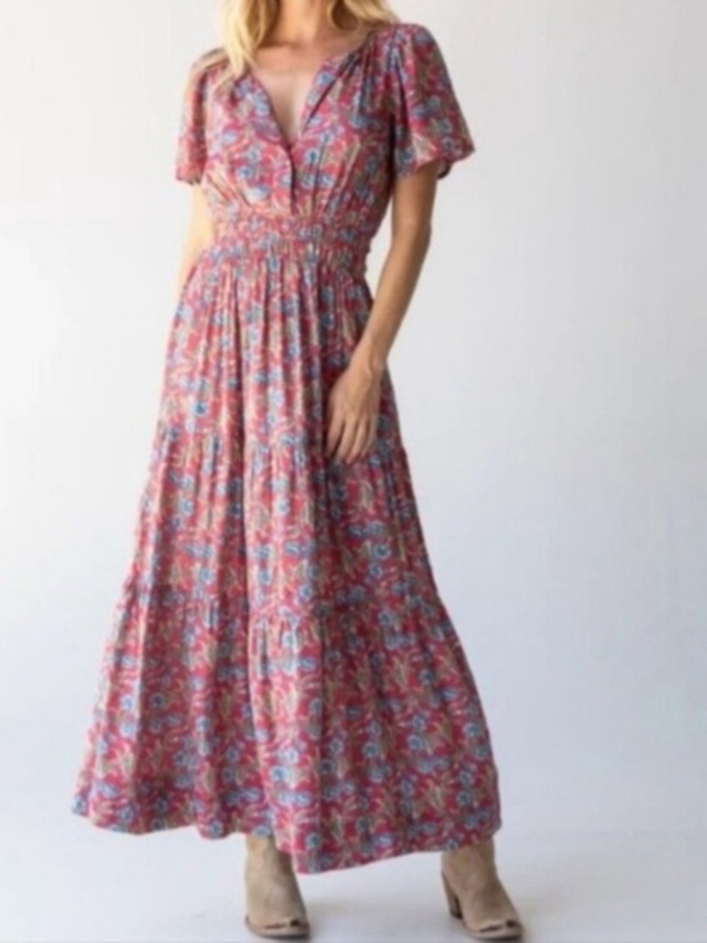Natural Life Bella Floral Maxi Dress M Red Blue Smocked Waist Pockets
